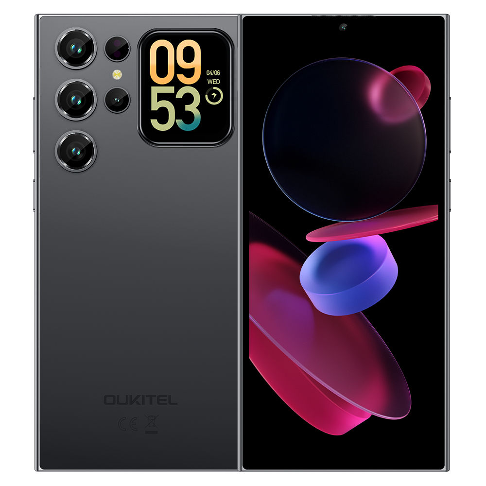 Oukitel smartphone, back & front view with vibrant screen.