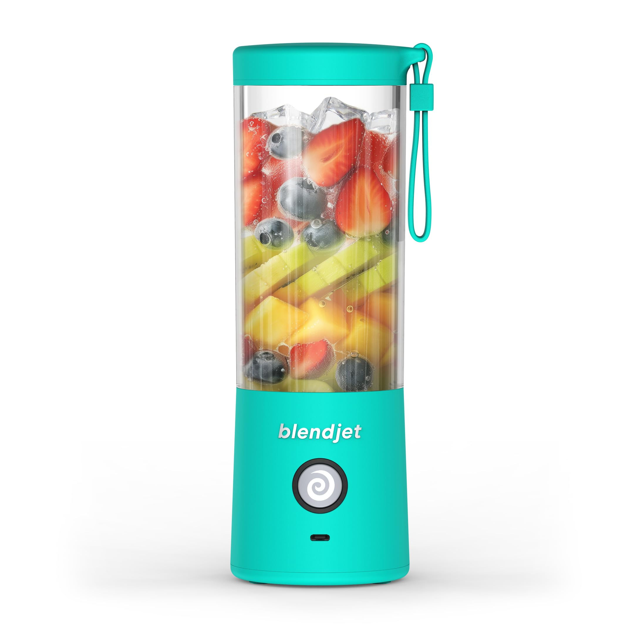 Teal BlendJet portable blender with fruit