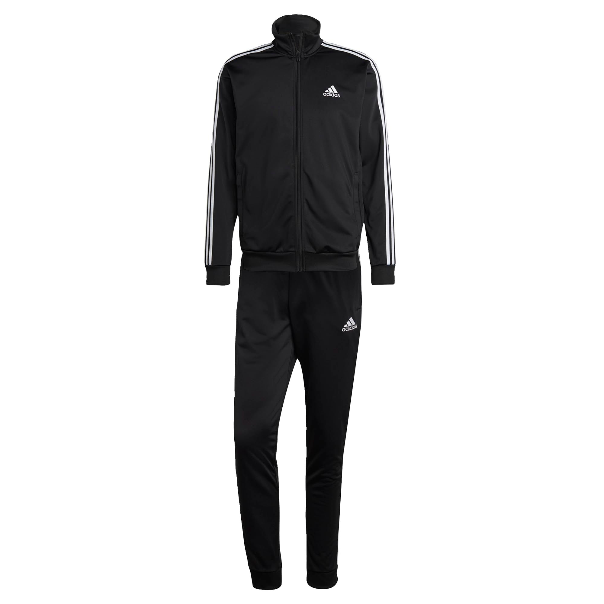 Black Adidas tracksuit with white stripes