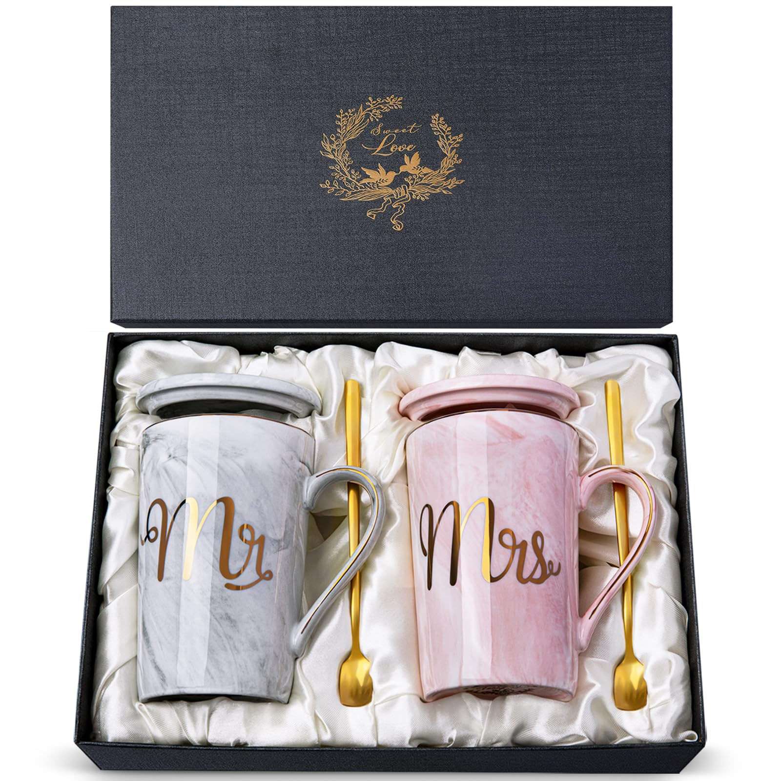 Mr & Mrs marble mug set with gold spoons
