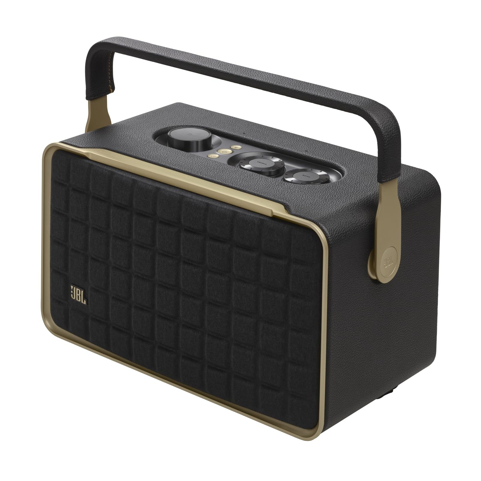 Black JBL portable speaker with gold accents
