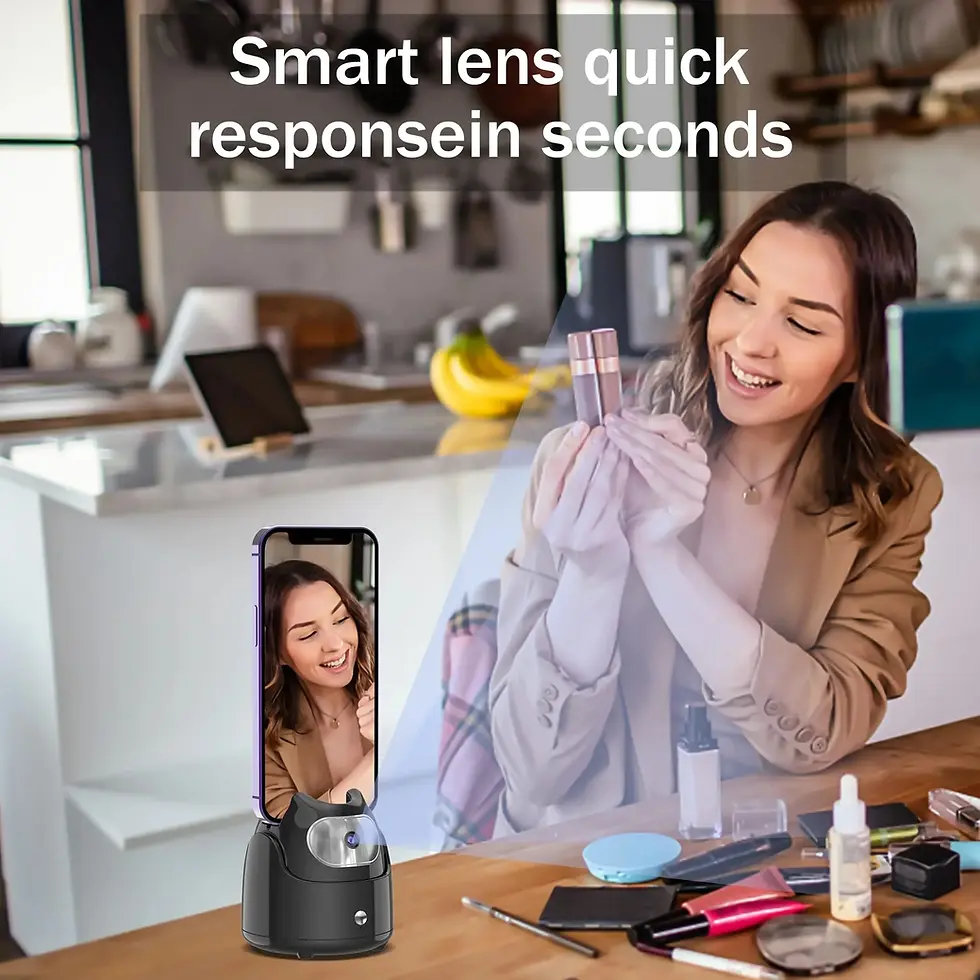 Thumbnail: Woman using smart tracking phone stand, 'Smart lens quick response in seconds'
