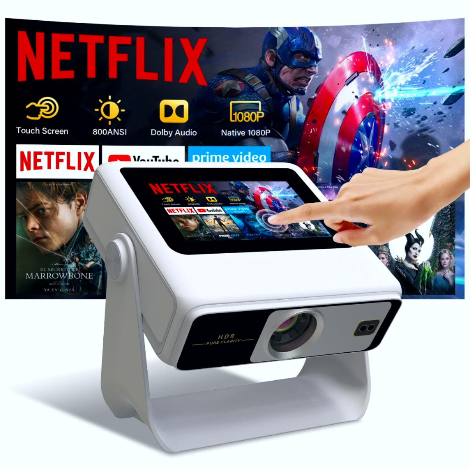 White portable projector with a touch screen for Netflix, projecting a movie
