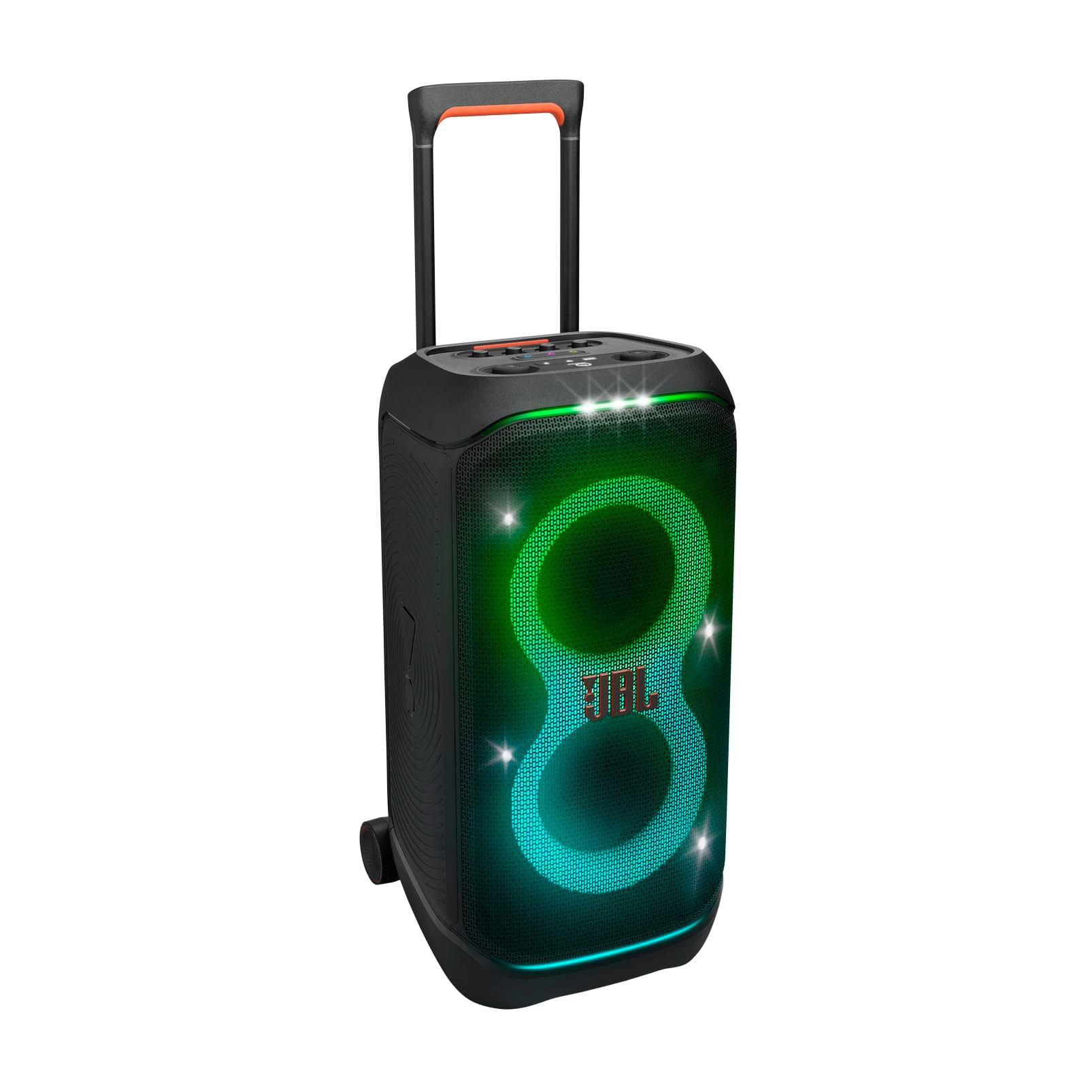 JBL portable speaker with green and blue lights, retractable handle.