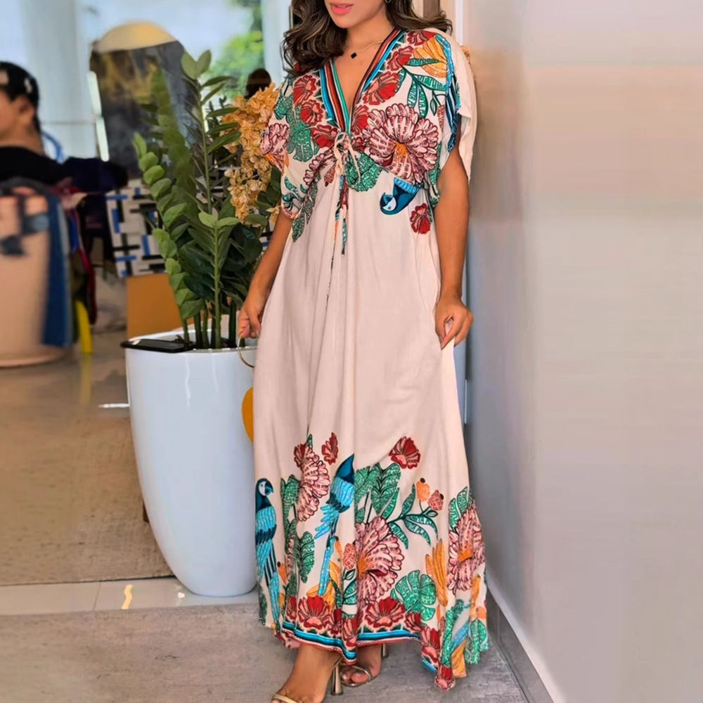 Tropical Print Long Dress Women’s Summer Loose Fit, One-Size Fashion Style