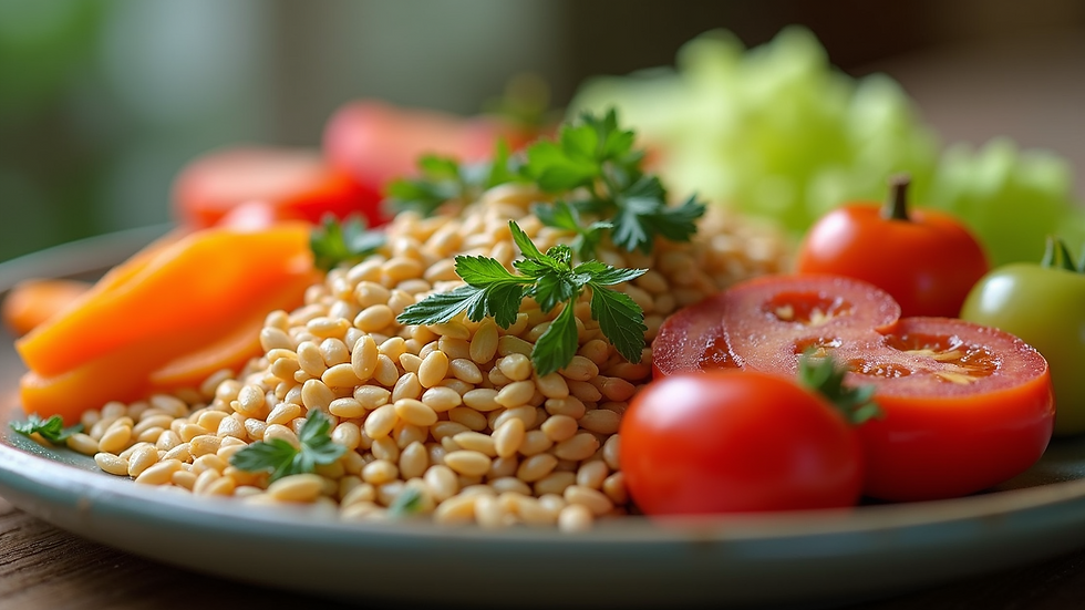 Close-up view of a colorful plate with fresh vegetables and grains