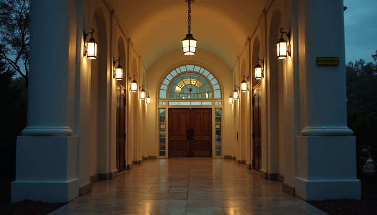 Eye-level view of a house of worship entrance with security cameras installed