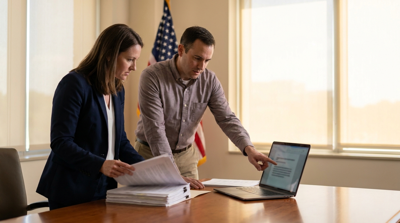 Federal contracting officers reviewing GSA Schedule task order documents for an IT staffing requirement