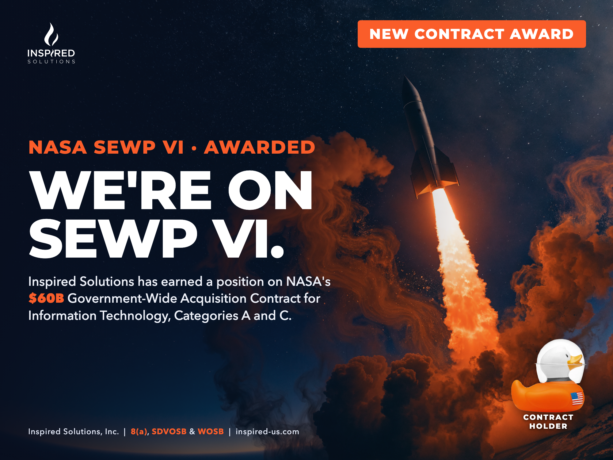 NASA SEWP VI new contract award graphic announcing Inspired Solutions as a SEWP VI contract holder on Category A and Category C