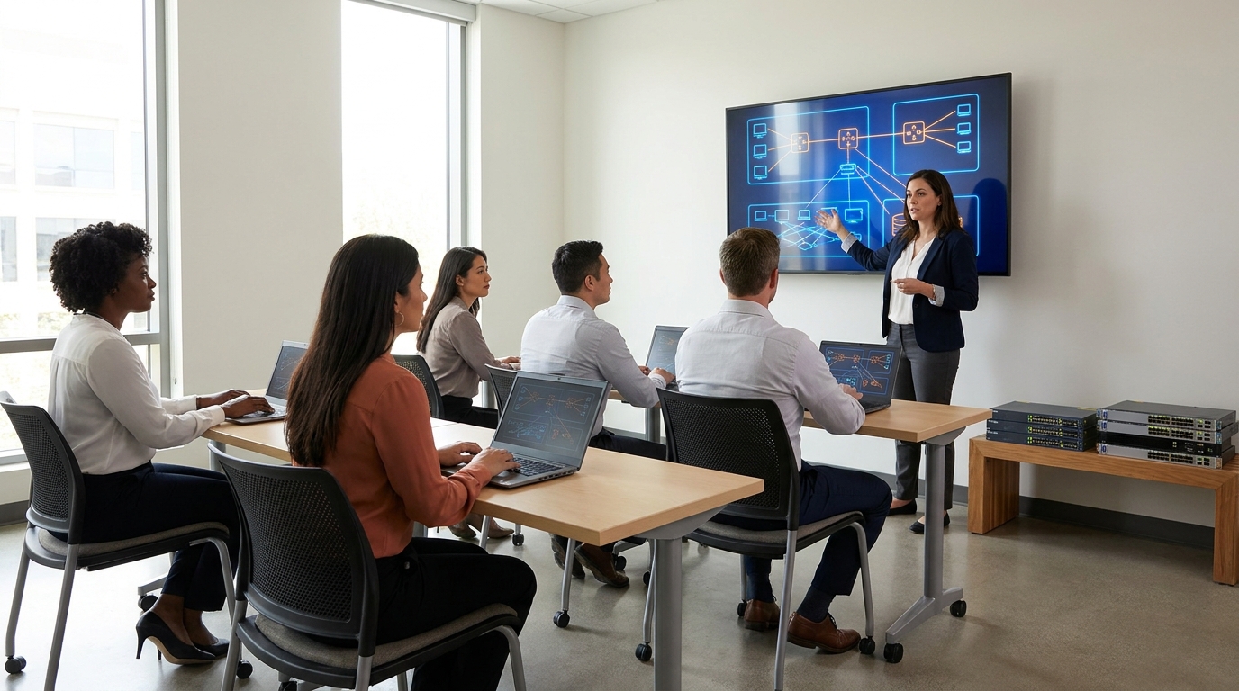 Trainees in a federal IT workforce training class reviewing network topology diagrams with an instructor