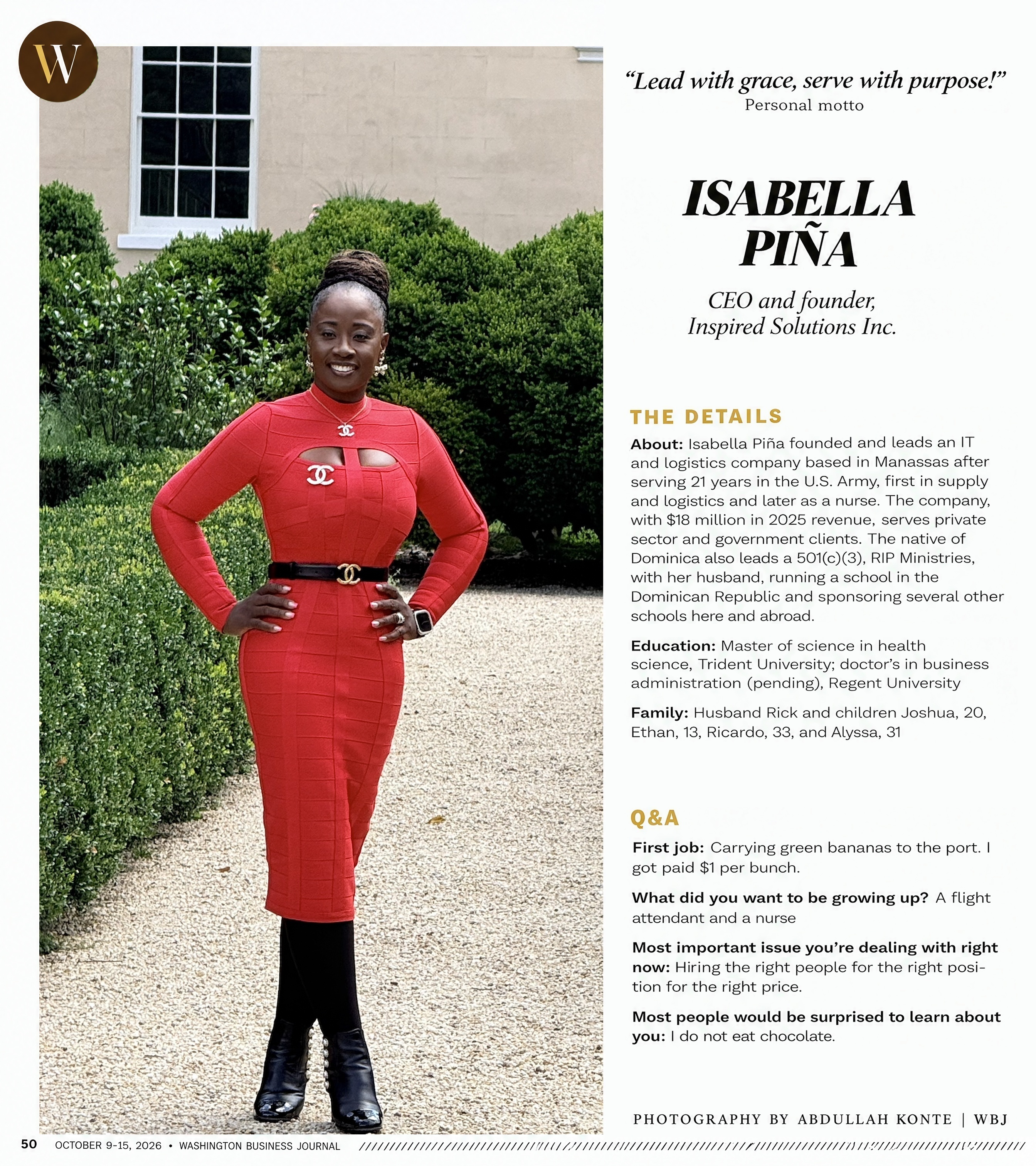 Isabella Piña’s Washington Business Journal Women Who Mean Business profile, October 9-15, 2026, page 50, with portrait and career details. Photograph by Abdullah Konte / WBJ.