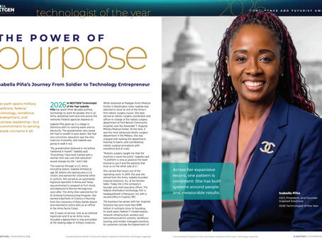 Magazine spread titled The Power of Purpose, featuring Isabella Pina of Inspired Solutions, on pages 16 and 17.