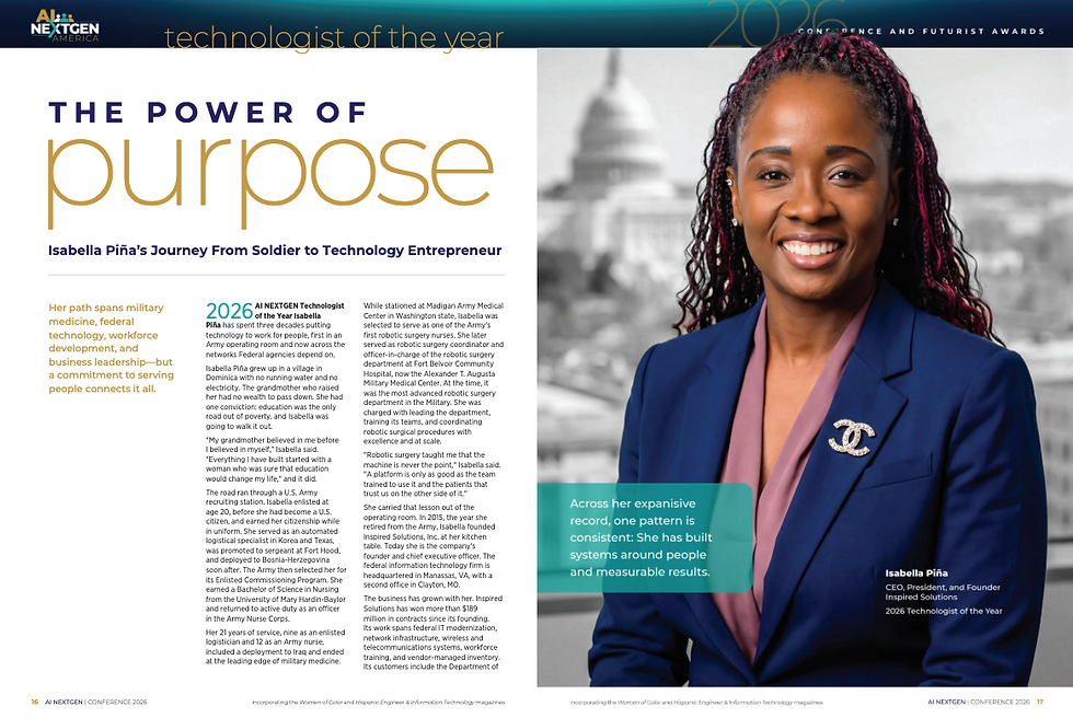 Magazine spread titled The Power of Purpose, featuring Isabella Pina of Inspired Solutions, on pages 16 and 17.