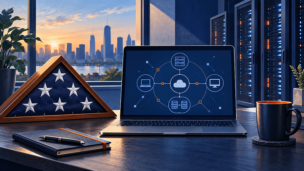 Illustration of a folded U.S. flag beside a laptop network diagram and server racks, representing veteran-owned IT services.