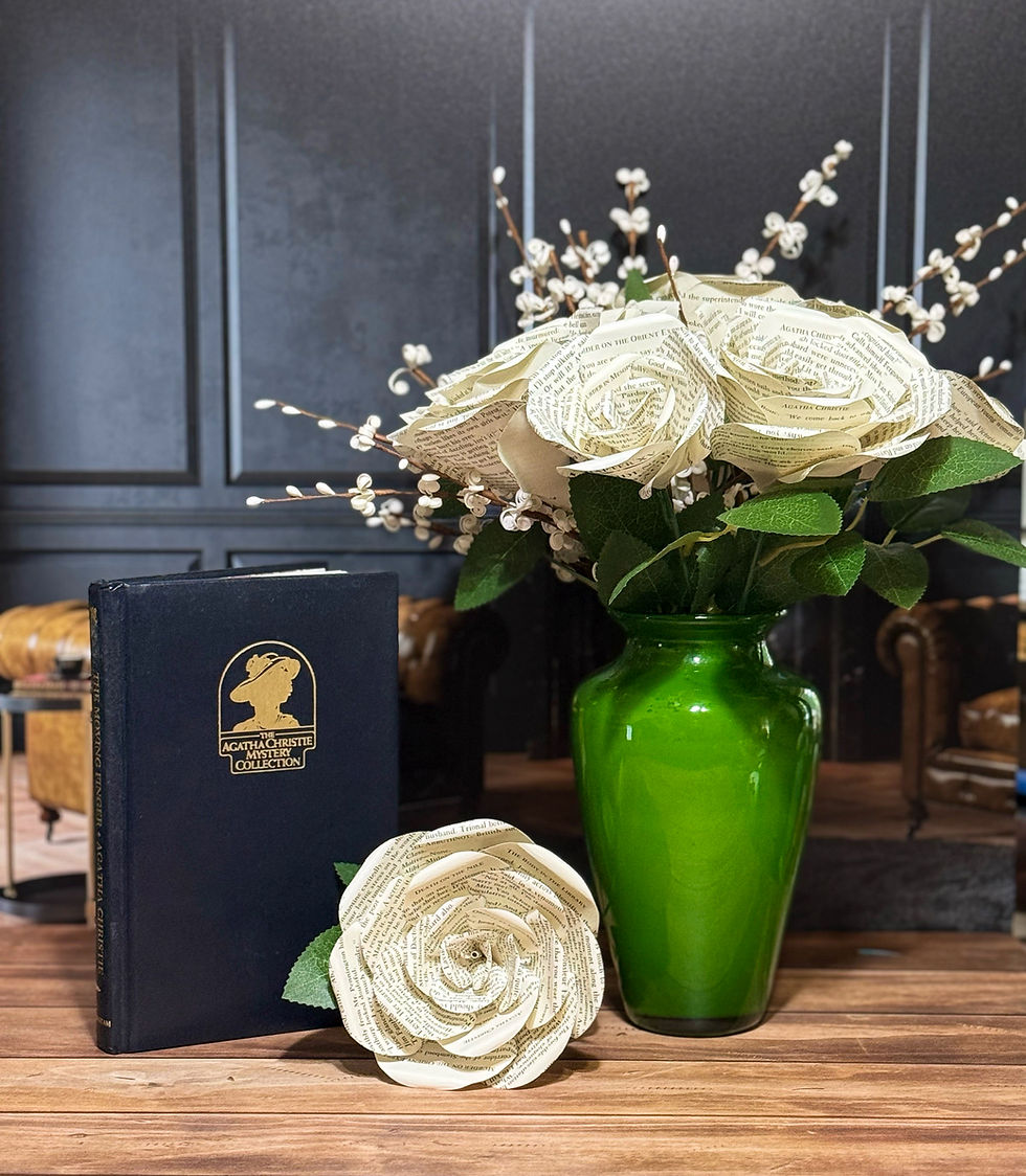 Thumbnail: Handmade Agatha Christie paper rose displayed in a vase on a bookshelf, styled as literary home décor.