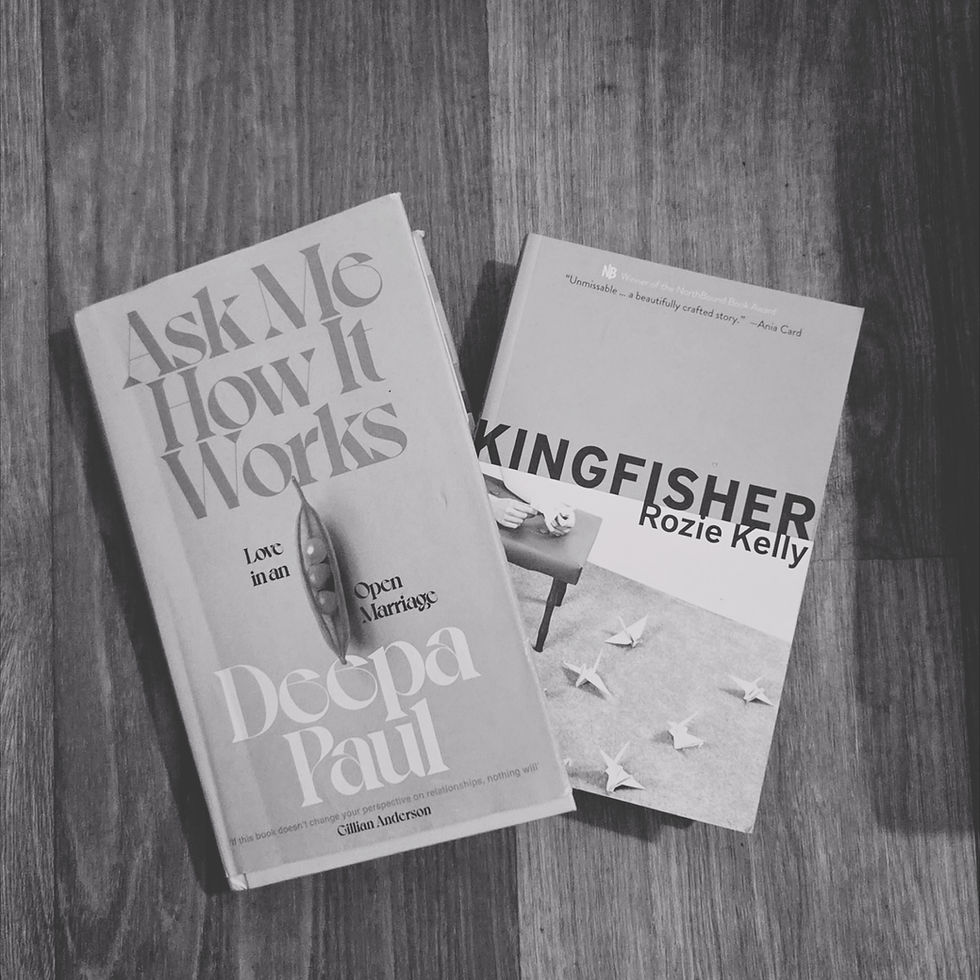 A black and white image of two books: Ask Me How it Works and Kingfisher