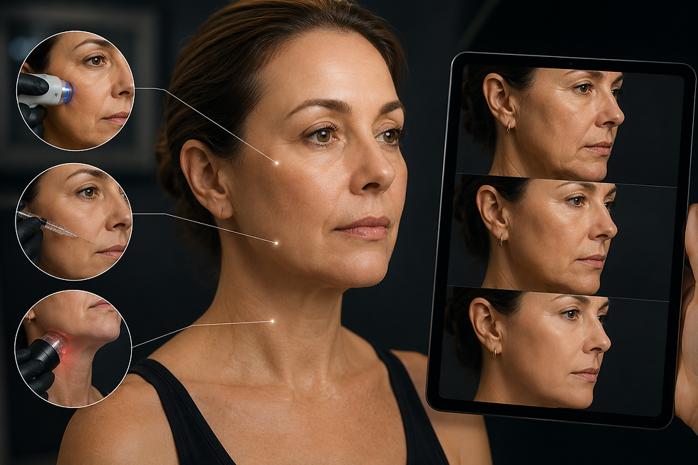 Non-surgical facial rejuvenation consultation showing facial aging analysis, treatment planning, and improvement of facial contours without surgery.