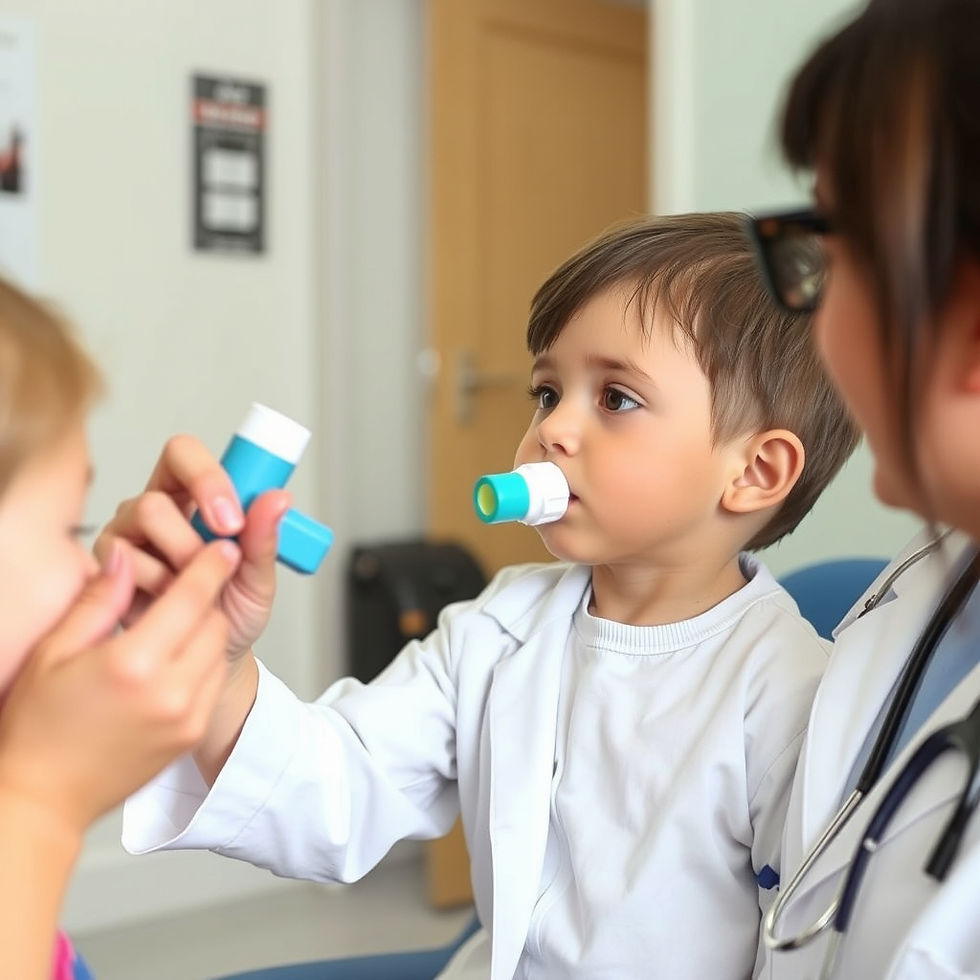 doctor showing child how to use inhaler with a respiratory spacer.jpg