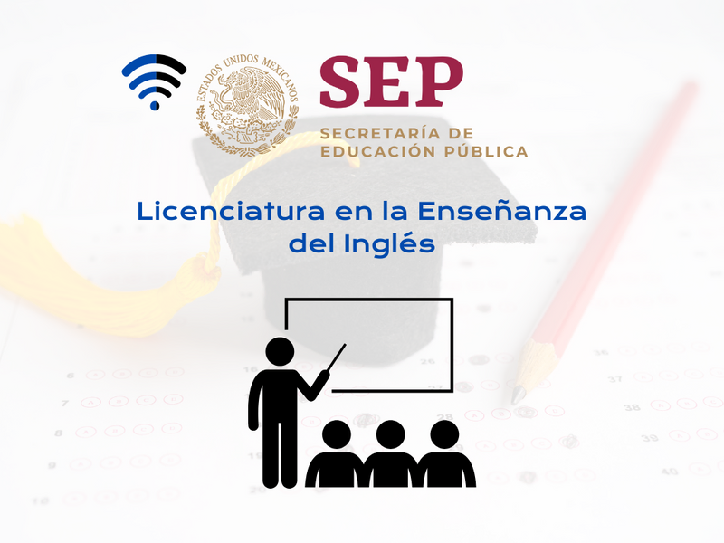 Portada del curso de Licenciatura en la Enseñanza del Inglés por Competencias Laborales, avalado por la SEP. Incluye un birrete de graduación, un lápiz sobre una hoja de examen, y un ícono de docente frente a estudiantes, representando la evaluación y certificación docente.