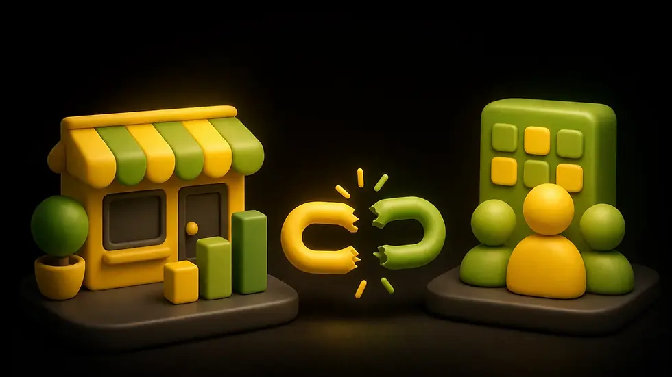 Casa y figuras geométricas en amarillo y verde sobre fondo negro, conectadas por un enlace roto. Sensación de separación.