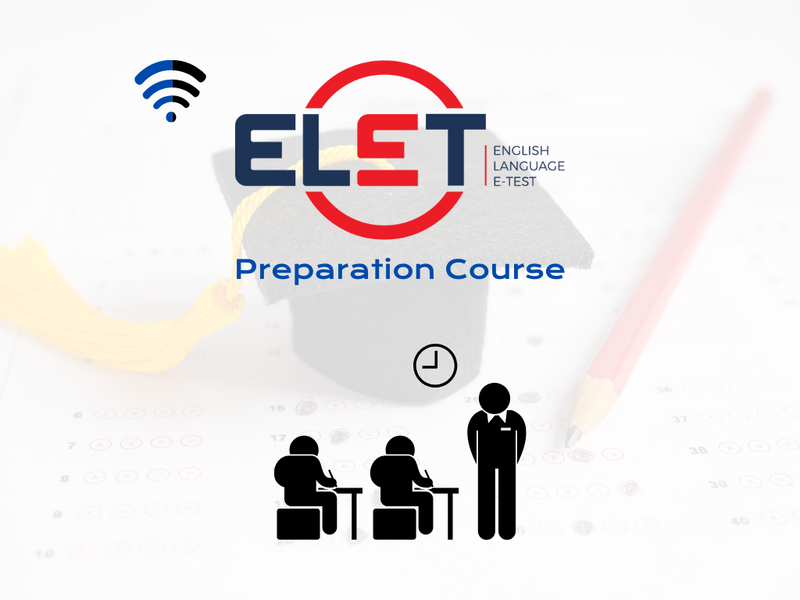 Logotipo del curso de preparación ELeT sobre fondo de examen, con íconos de acceso en línea, tiempo flexible y aplicación incluida.