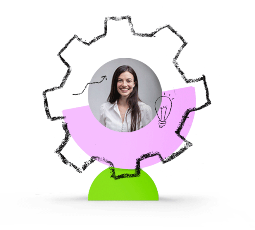 Young professional business woman with hand drawn cog and ShareDo shapes overlayed