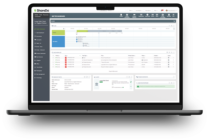 Laptop displaying a dashboard from ShareDo's legal case management software