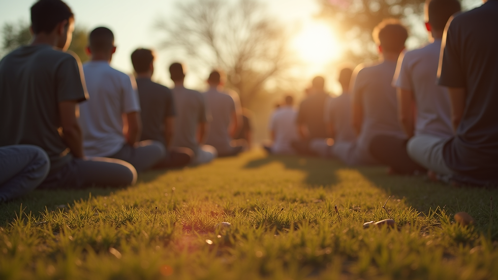 Eye-level view of a serene outdoor prayer gathering