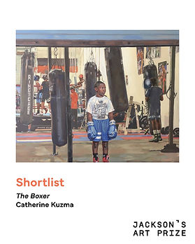 Catherine Kuzma's oil painting of a boxing club one boxer, a boy a focal point in the painting.