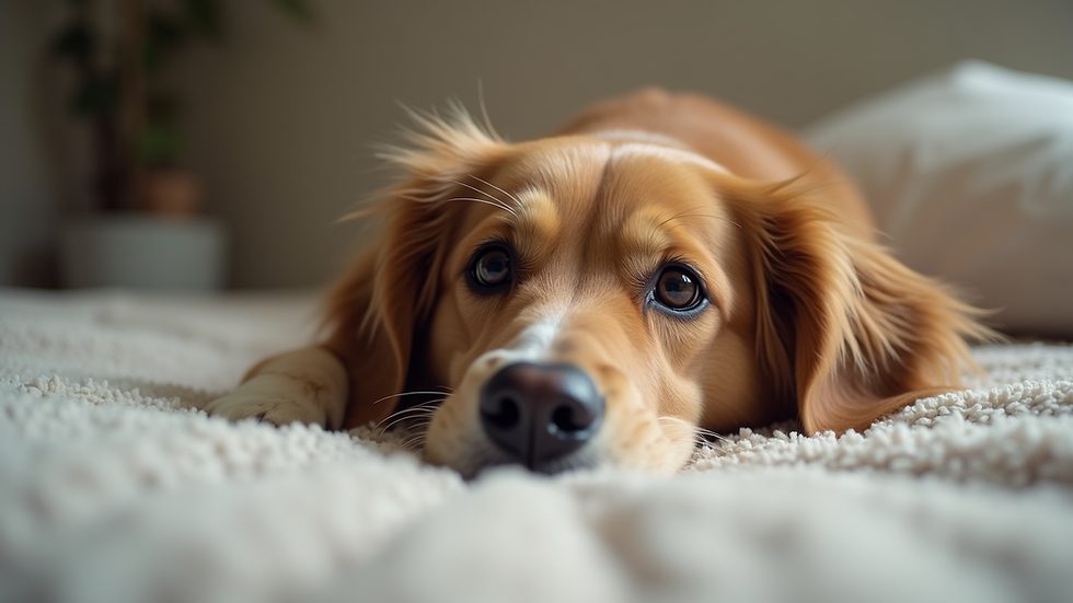 Eye-level view of a calm dog lying on a soft bed