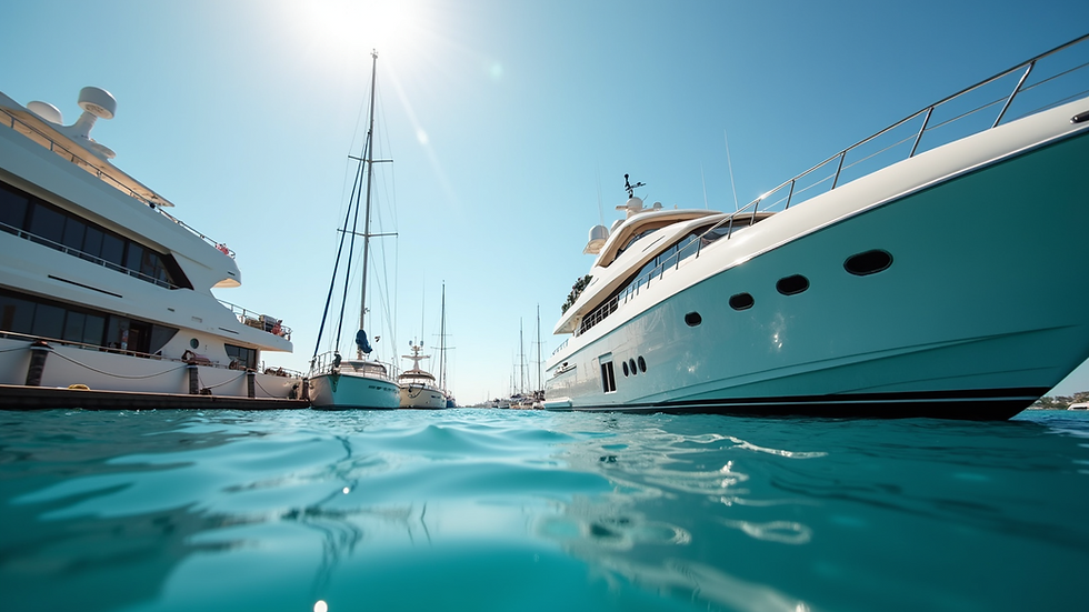 Eye-level view of a luxury yacht docked at a marina with clear blue water