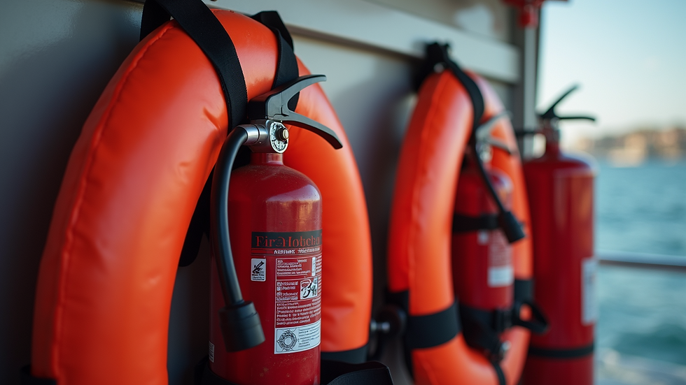Close-up view of yacht safety equipment including life jackets and fire extinguishers