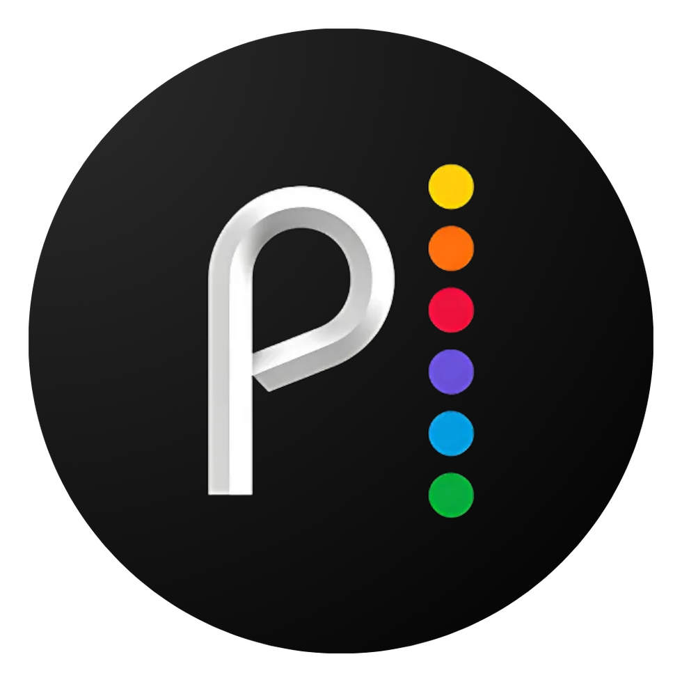 Peacock logo with white “P” and six colored dots on black circle.