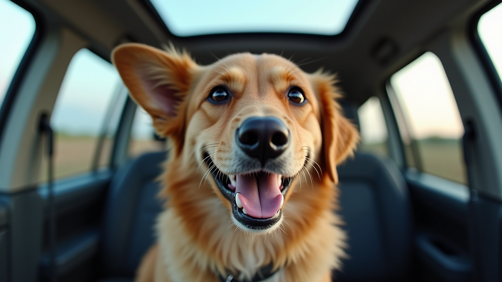 Eye-level view of a happy dog in a pet transport vehicle