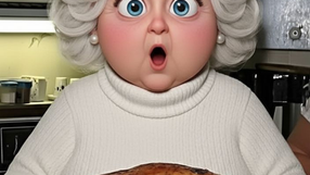a grandma in a kitchen in front of a turkey with an open-mouthed, shocked look on her face