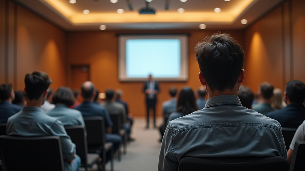 Eye-level view of seminar room with participants listening to a speaker