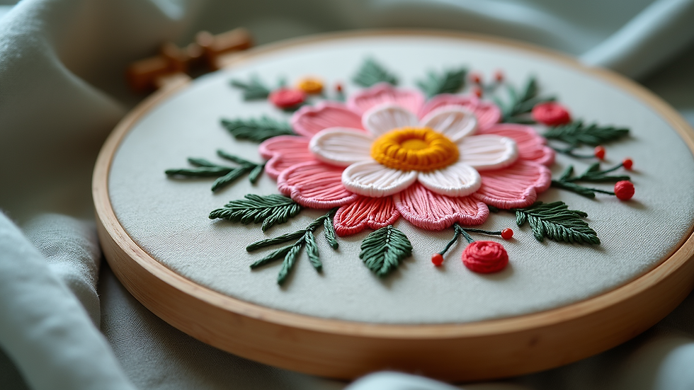 Eye-level view of embroidery hoop with floral design stitched in rayon thread