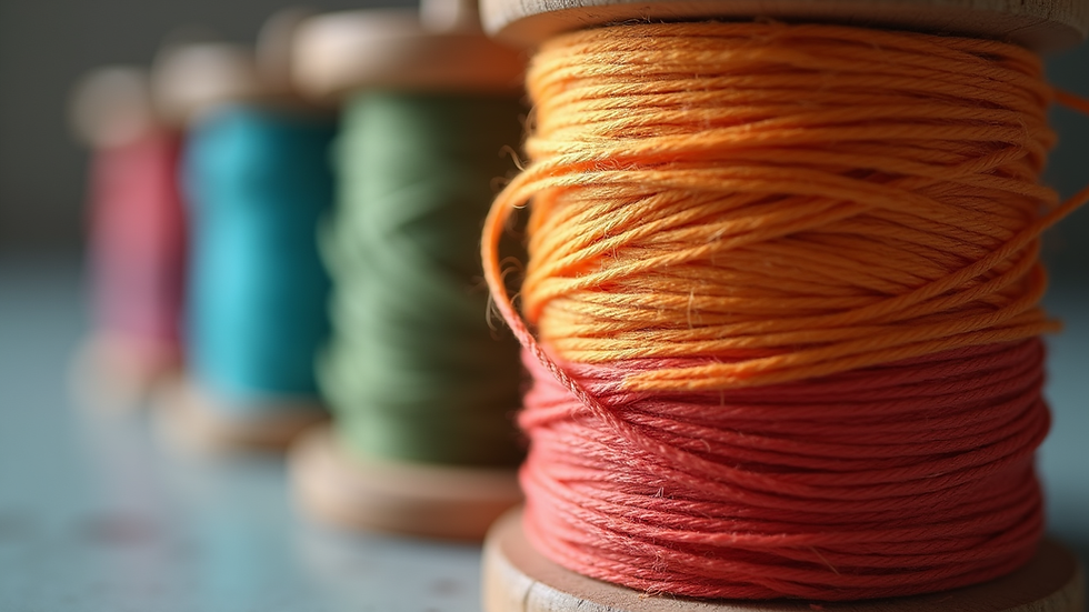 Close-up view of colourful embroidery threads on a wooden spool