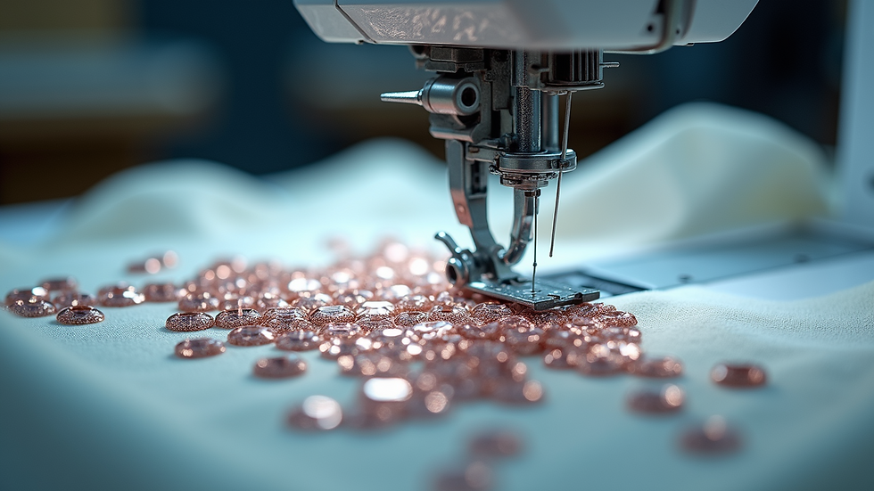 Eye-level view of embroidery machine stitching sequins on fabric