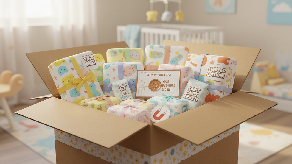 Close-up view of a box filled with assorted baby diapers ready for delivery