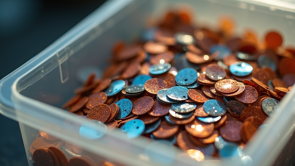 Eye-level view of a container filled with assorted types of sequins