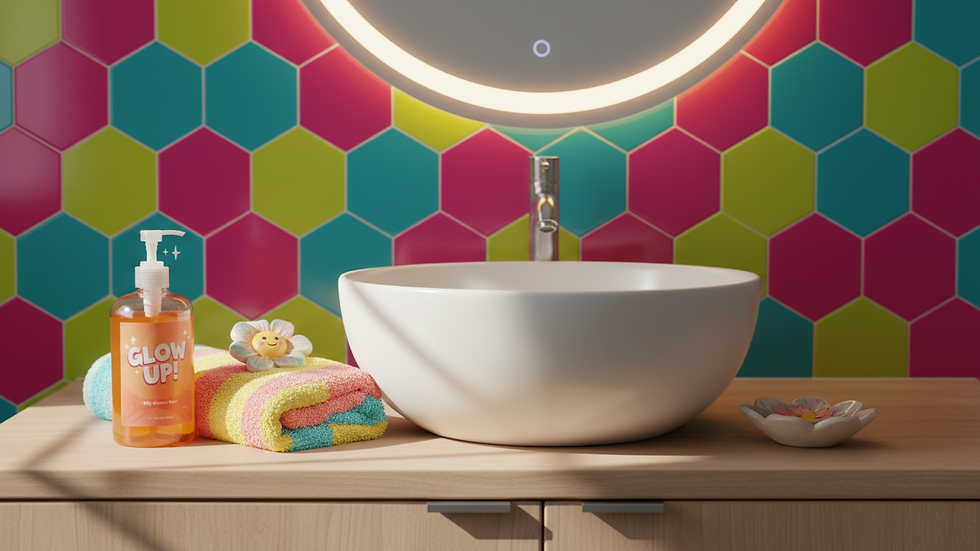 Eye-level view of a bathroom sink with a face wash bottle and soft towel