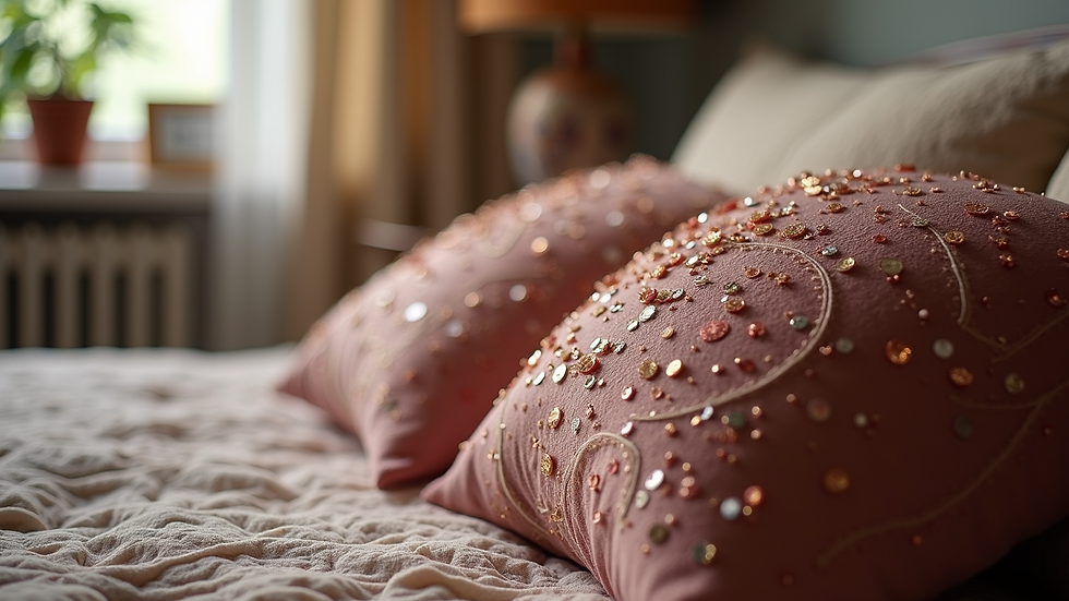 Eye-level view of a decorative cushion with sequin embellishments