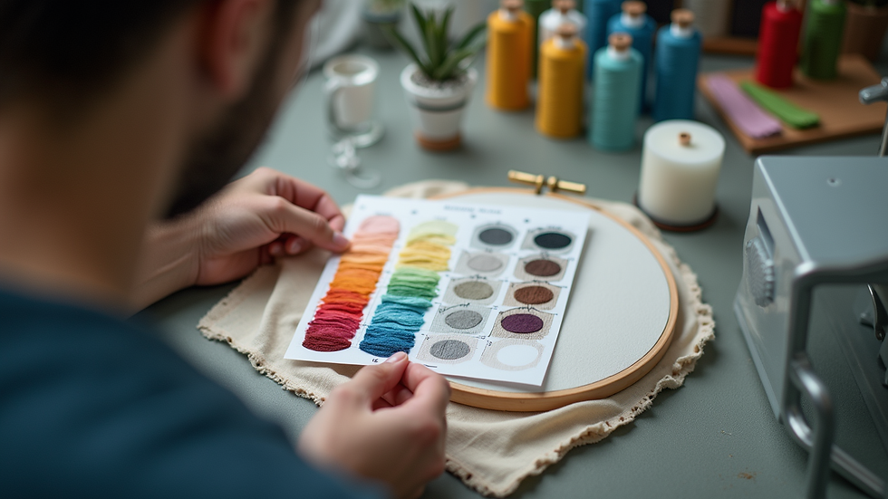Eye-level view of an embroidery designer comparing thread colors with a shade card