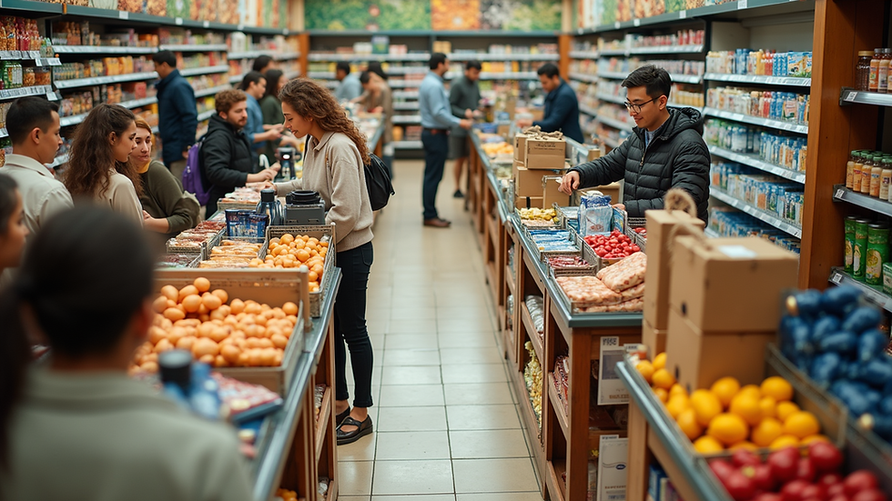 High angle view of supermarket checkout counters with customers paying