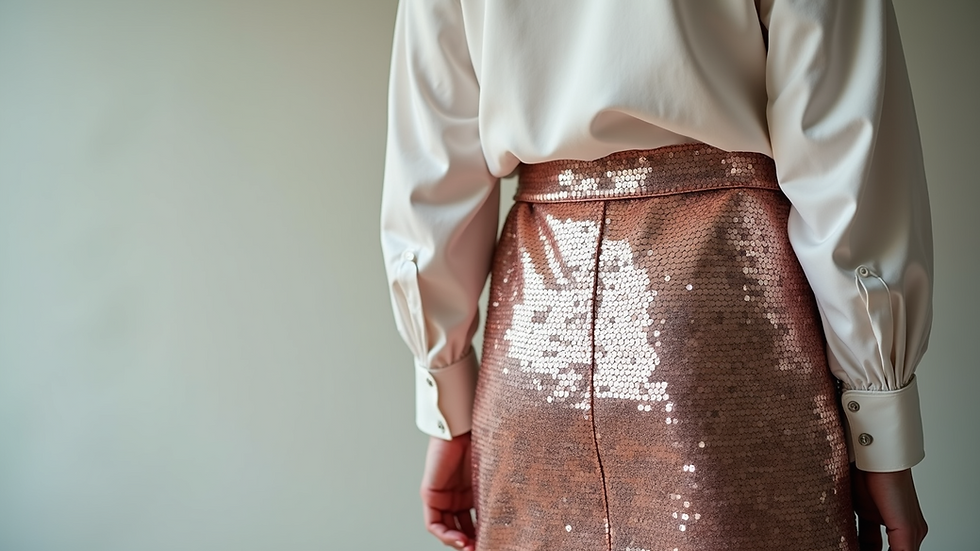 Close-up view of a sequin skirt paired with a plain white blouse