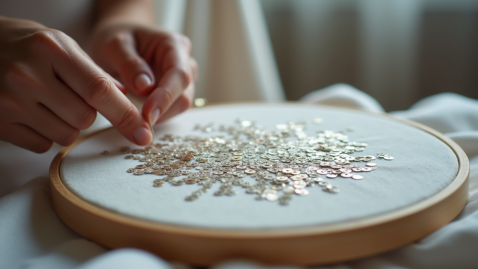 Eye-level view of embroidery hoop with matt sequins being stitched onto fabric