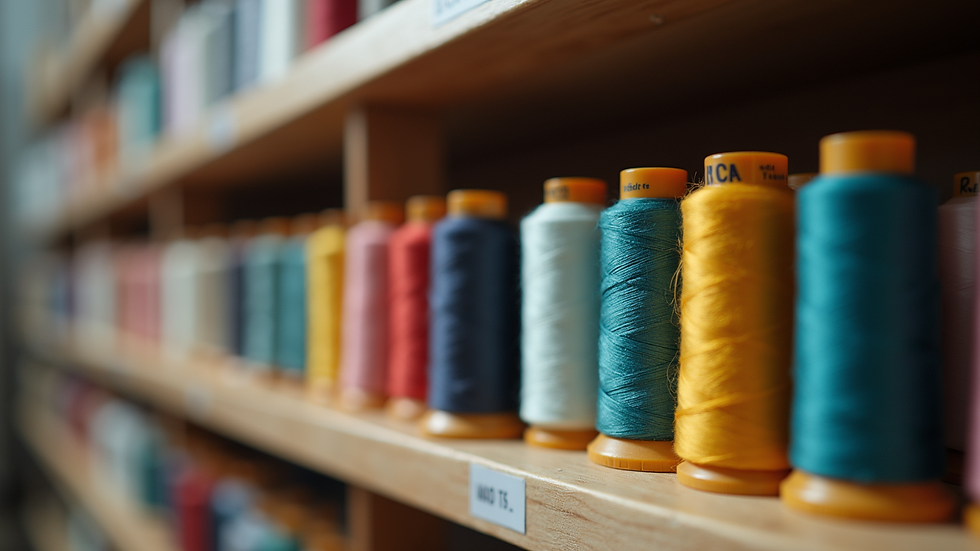 Eye-level view of organized embroidery thread spools in a storage rack