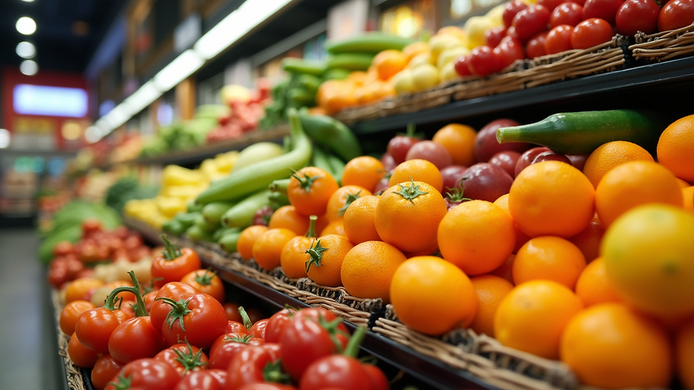Close-up view of fresh fruits and vegetables neatly displayed in supermarket