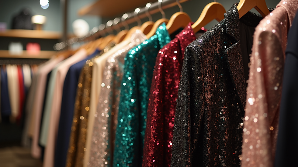 Eye-level view of a boutique display with various sequin jackets hanging